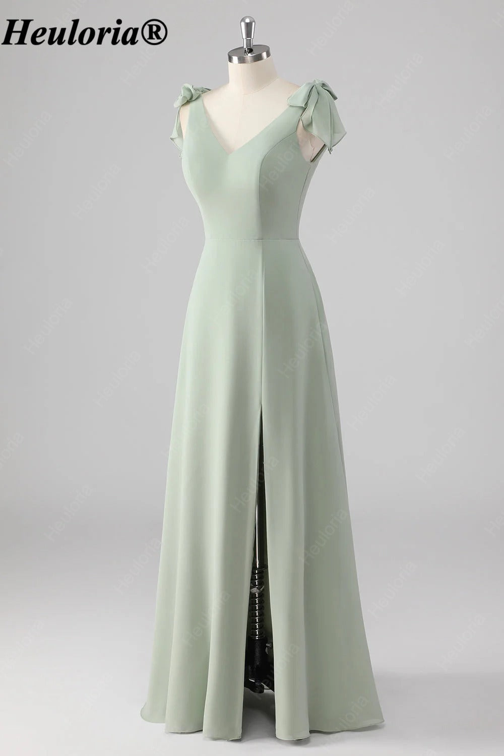 heuloria Sage Green V-Neck Bridesmaid Dress with Bow Shoulders and Slit ed-531