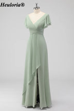 heuloria Sage Green V-Neck Flutter Sleeve Bridesmaid Dress with Draped Skirt ed-530