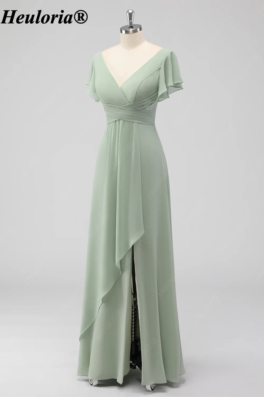 heuloria Sage Green V-Neck Flutter Sleeve Bridesmaid Dress with Draped Skirt ed-530