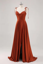HEULORIA Rust Satin Cowl Sweetheart Maxi Dress with Tie-Shoulder Straps and Side Slit ED-249