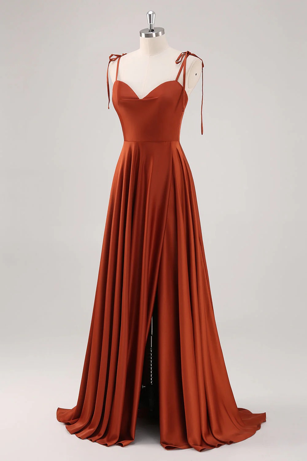HEULORIA Rust Satin Cowl Sweetheart Maxi Dress with Tie-Shoulder Straps and Side Slit ED-249