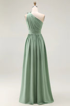 HEULORIA Sage Green One-Shoulder Pleated Chiffon Floor-Length Bridesmaid & Evening Dress ED-243