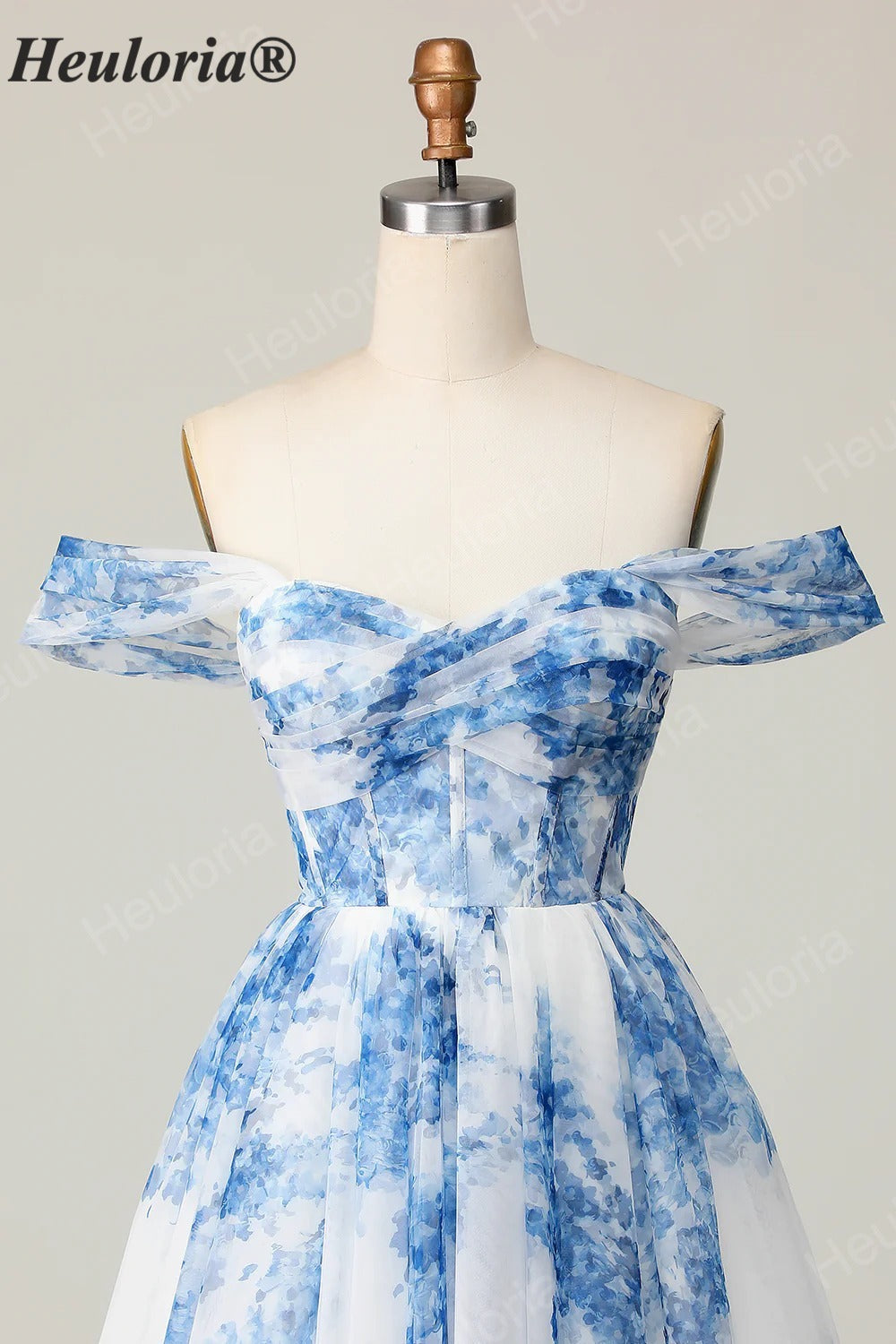 HEULORIA French Chic Blue and White Floral Tulle Mini Party Dress - Convertible Off-the-Shoulder A-Line Cocktail Gown ED-656