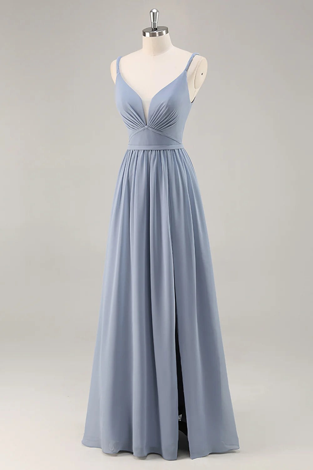 HEULORIA Dusty Blue V-Neck Chiffon Bridesmaid Dress with Twisted Straps and Side Slit ED-259