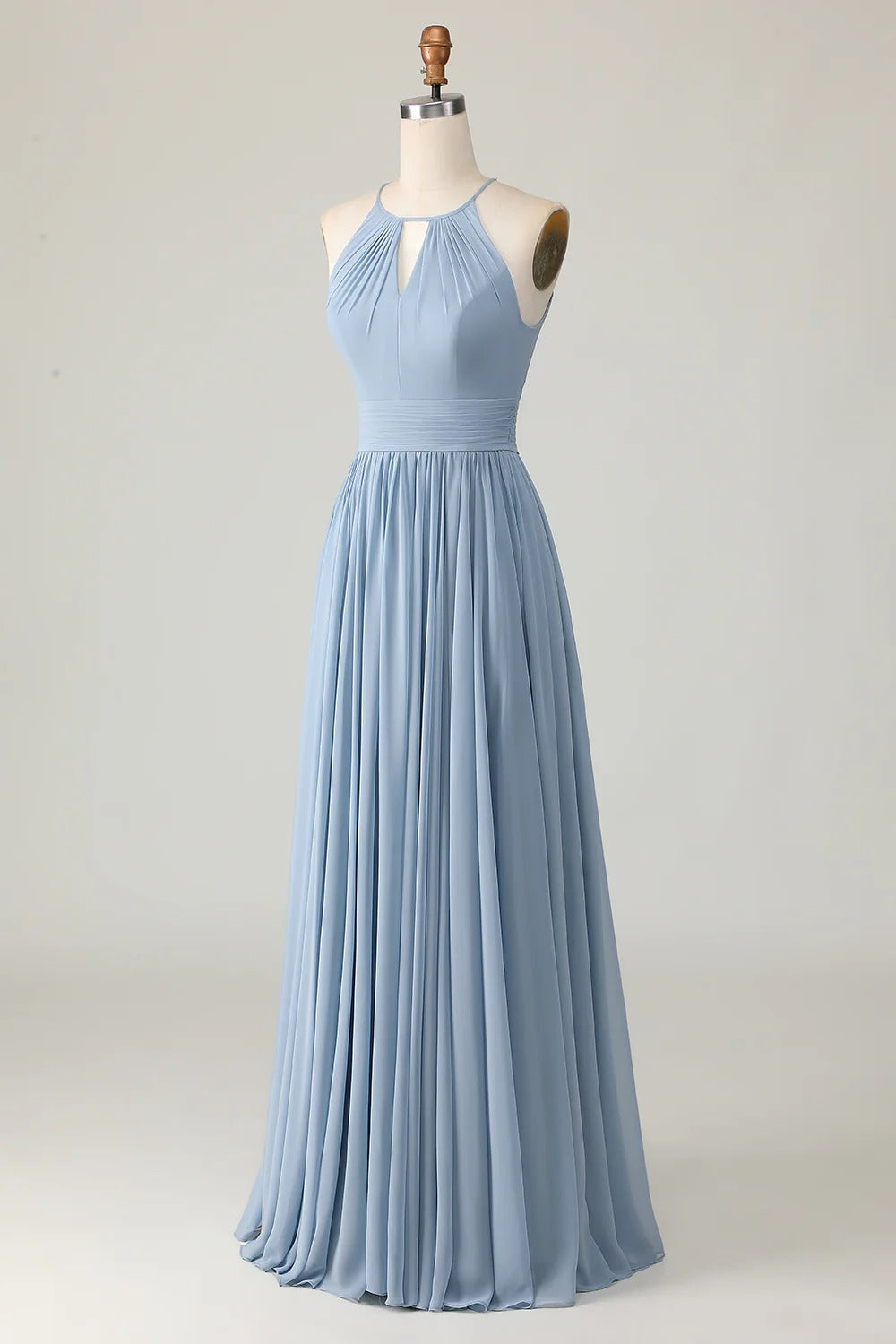 HEULORIA Dusty Blue Halter Keyhole Pleated Chiffon Bridesmaid Dress - Floor Length ED-246