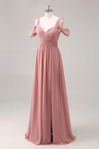 HEULORIA Elegant Dusty Rose Cold-Shoulder Chiffon Bridesmaid Dress with Criss-Cross Ruched Bodice and Side Slit ED-258