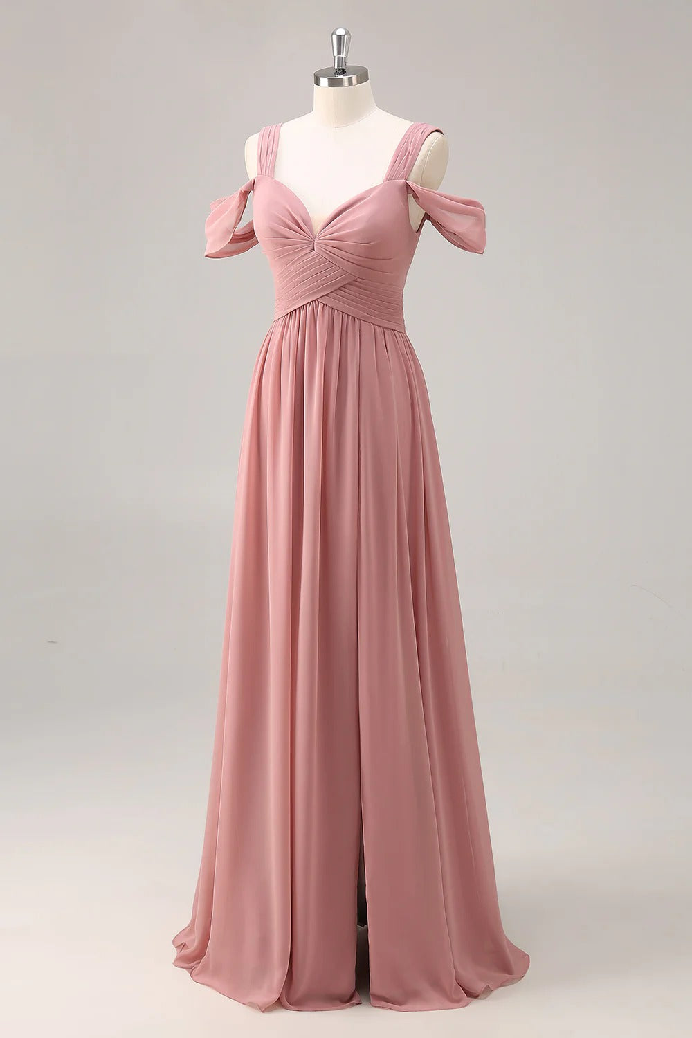 HEULORIA Elegant Dusty Rose Cold-Shoulder Chiffon Bridesmaid Dress with Criss-Cross Ruched Bodice and Side Slit ED-258