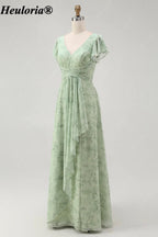 heuloria-Floral V-Neck Flutter Sleeve Bridesmaid Dress with Ruffle Slit-ed-564