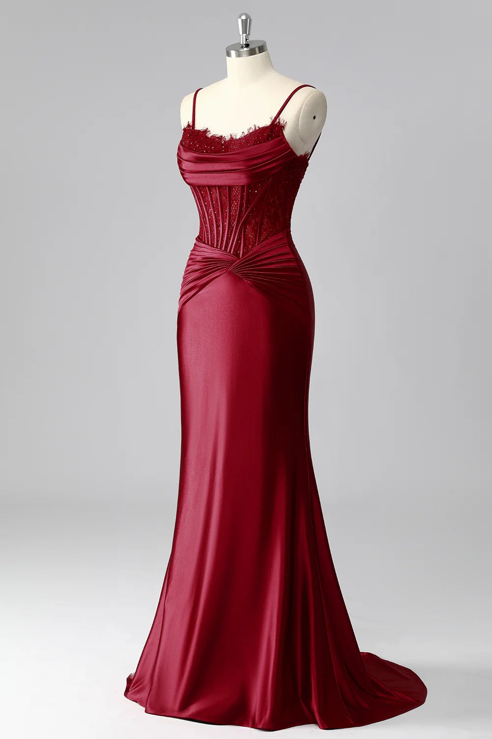 HEULORIA Elegant Burgundy Satin Mermaid Evening Dress with Beaded Corset Bodice and Lace-Up Back ED-578