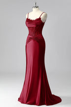 HEULORIA Elegant Burgundy Satin Mermaid Evening Dress with Beaded Corset Bodice and Lace-Up Back ED-578