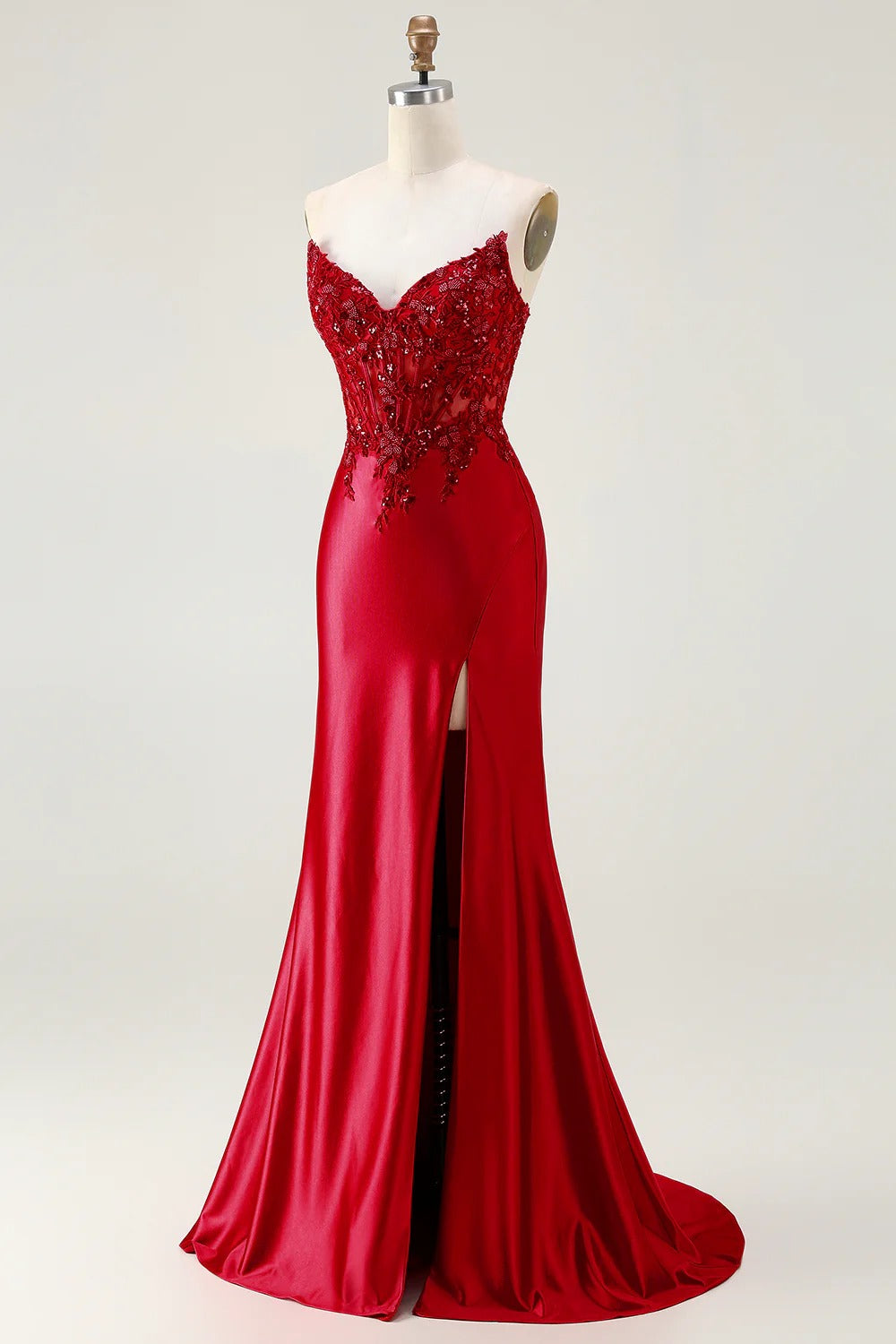 HEULORIA Elegant Red Mermaid Prom Dress with Illusion Lace Corset and High Slit ED-362