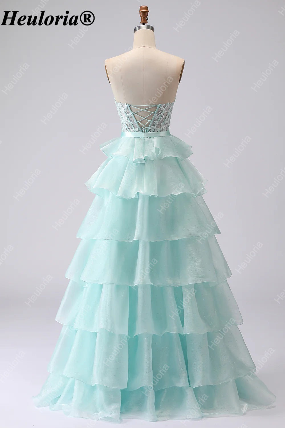 heuloria Strapless Lace Tiered Ruffle Prom Dress with Bow Waist ed-514