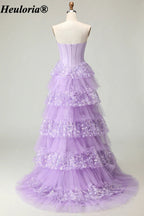 heuloria Strapless Floral Tiered Tulle Corset Prom Dress with Bow ed-507