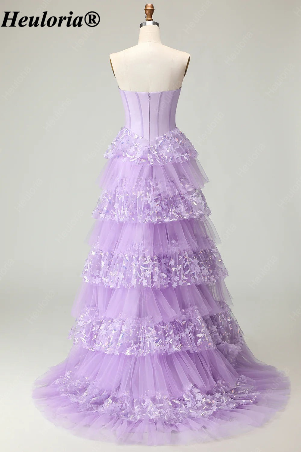 heuloria Strapless Floral Tiered Tulle Corset Prom Dress with Bow ed-507