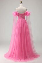 Heuloria Romantic Off-the-Shoulder Pink Tulle Prom Dress with 3D Floral Sleeves & Ruched Bodice ED-512
