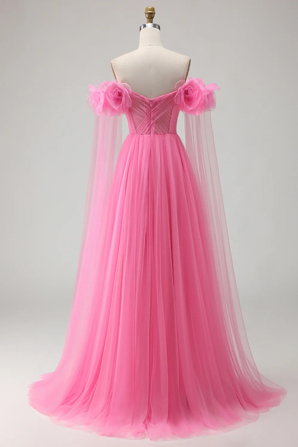 Heuloria Romantic Off-the-Shoulder Pink Tulle Prom Dress with 3D Floral Sleeves & Ruched Bodice ED-512