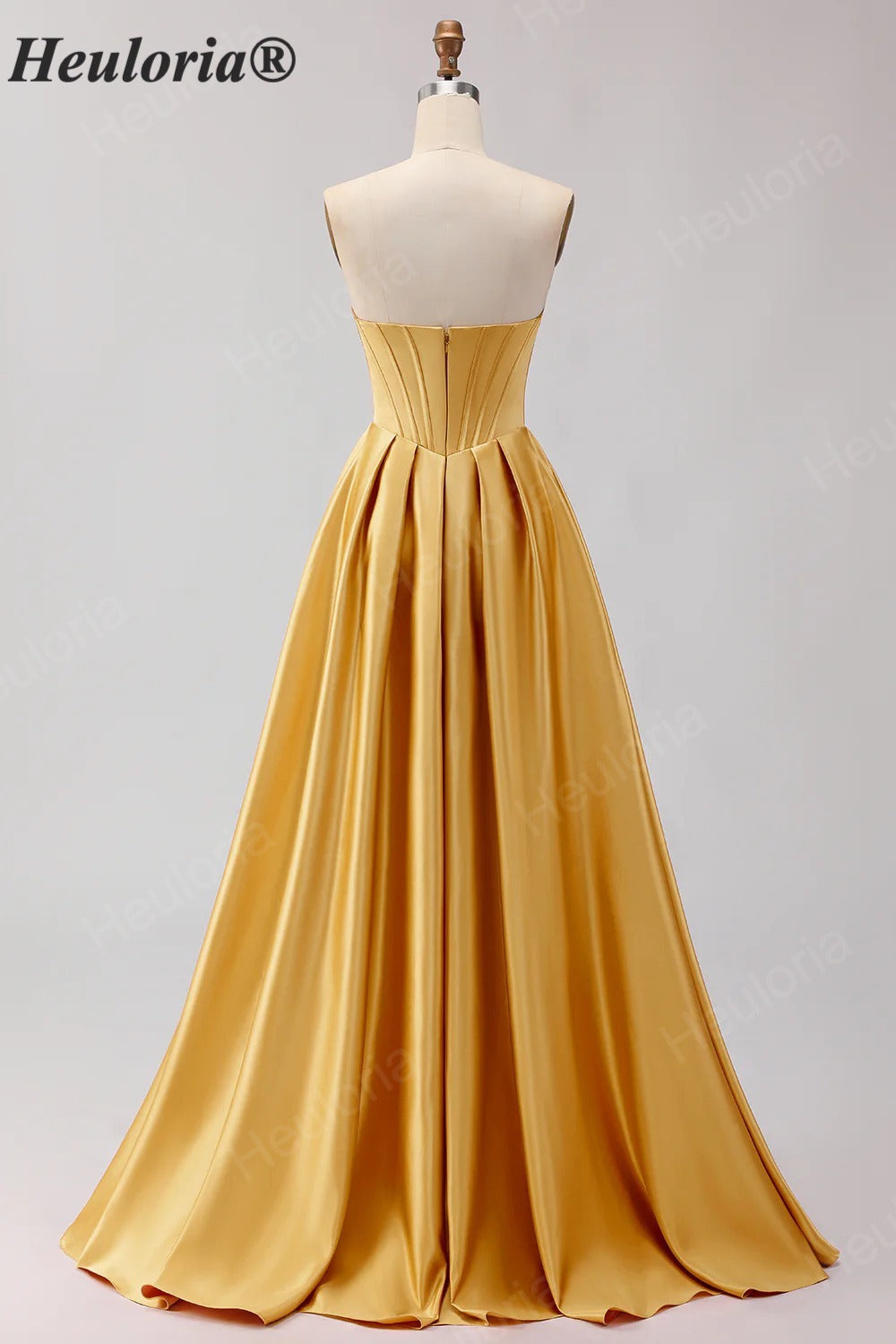 HEULORIA Strapless Golden Satin Ball Gown with Beaded Corset Bodice and Pleated Skirt ED-516