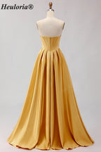 HEULORIA Strapless Golden Satin Ball Gown with Beaded Corset Bodice and Pleated Skirt ED-516
