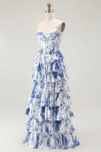 Heuloria Blue & White Floral Tiered Ruffle Maxi Dress - Elegant Spaghetti Strap Corset Prom Gown with Lace-Up Back ED-352
