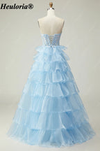 heuloria Strapless Tiered Ruffle Prom Dress with Sheer Corset Bodice ed-510
