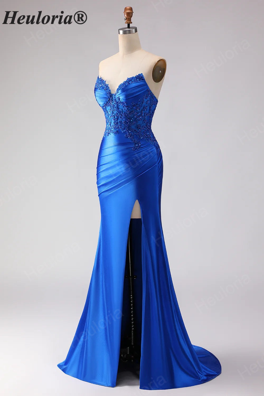 HEULORIA Royal Blue Strapless Mermaid Satin Prom Dress with Lace Appliqué & Thigh Slit ED-655