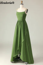 heuloria-Olive Green Pleated Bridesmaid Dress with Cascading Skirt-ed-534