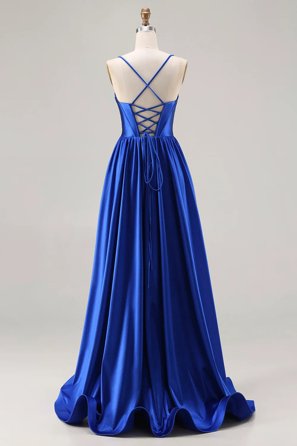 HEULORIA Royal Blue Satin A-Line Evening Dress with Beaded Neckline and Lace-up Back ED-523