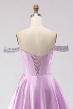 HEULORIA Elegant Lavender Off-The-Shoulder Satin Prom Dress with Sequin Trim and Corset Bodice A-Line Evening Gown ED-500