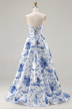 Heuloria Elegant Toile de Jouy Blue and White Porcelain Print A-Line Prom Dress with High Slit & Corset Bodice ED-513