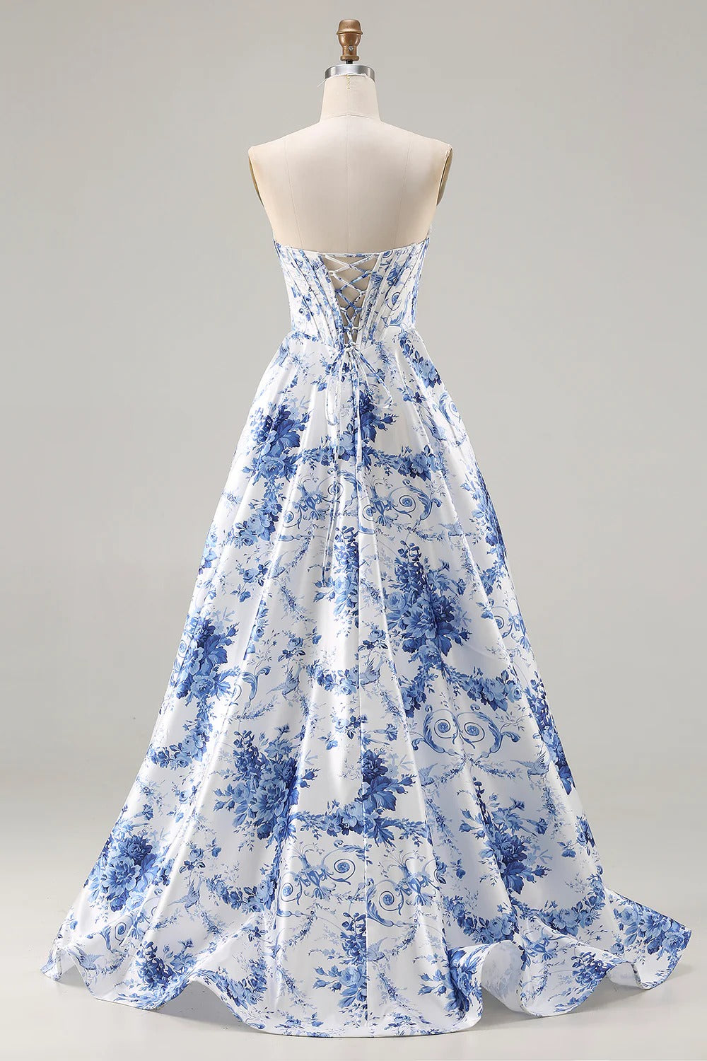 Heuloria Elegant Toile de Jouy Blue and White Porcelain Print A-Line Prom Dress with High Slit & Corset Bodice ED-513