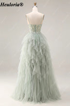 heuloria Dusty Green Floral Corset Tulle Prom Dress with Cascading Ruffles ed-518