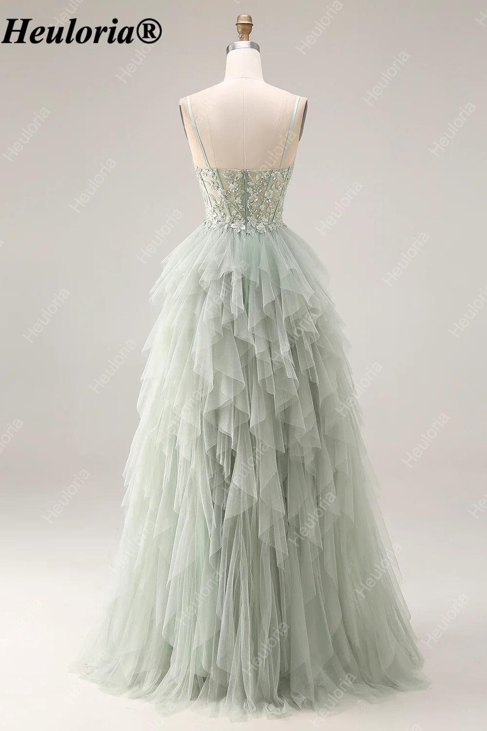heuloria Dusty Green Floral Corset Tulle Prom Dress with Cascading Ruffles ed-518