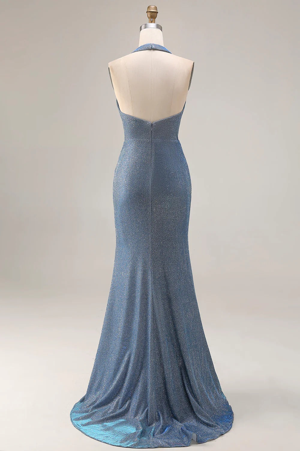 HEULORIA Shimmering Dusty Blue Halter Neck Ruched Evening Gown with High Slit ED-519
