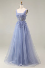 Heuloria Romantic Square Neck Lavender Lace A-Line Tulle Prom Dress with Illusion Corset Bodice ED-502