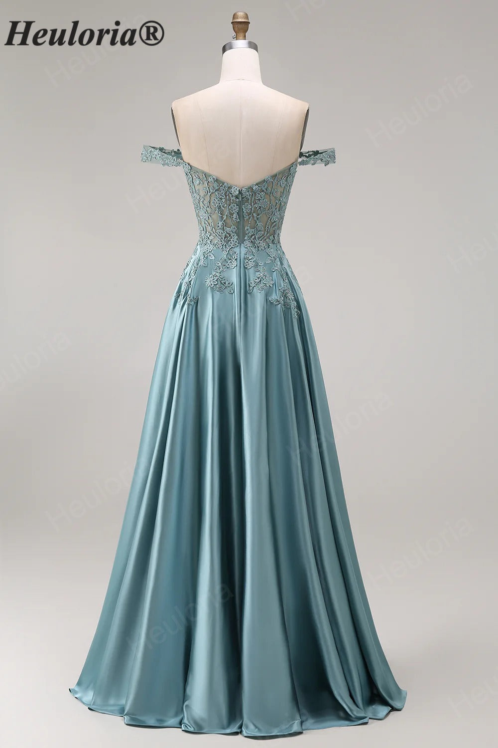 Heuloria Off-the-Shoulder Illusion Lace Bodice Satin A-Line Evening Gown ED-501