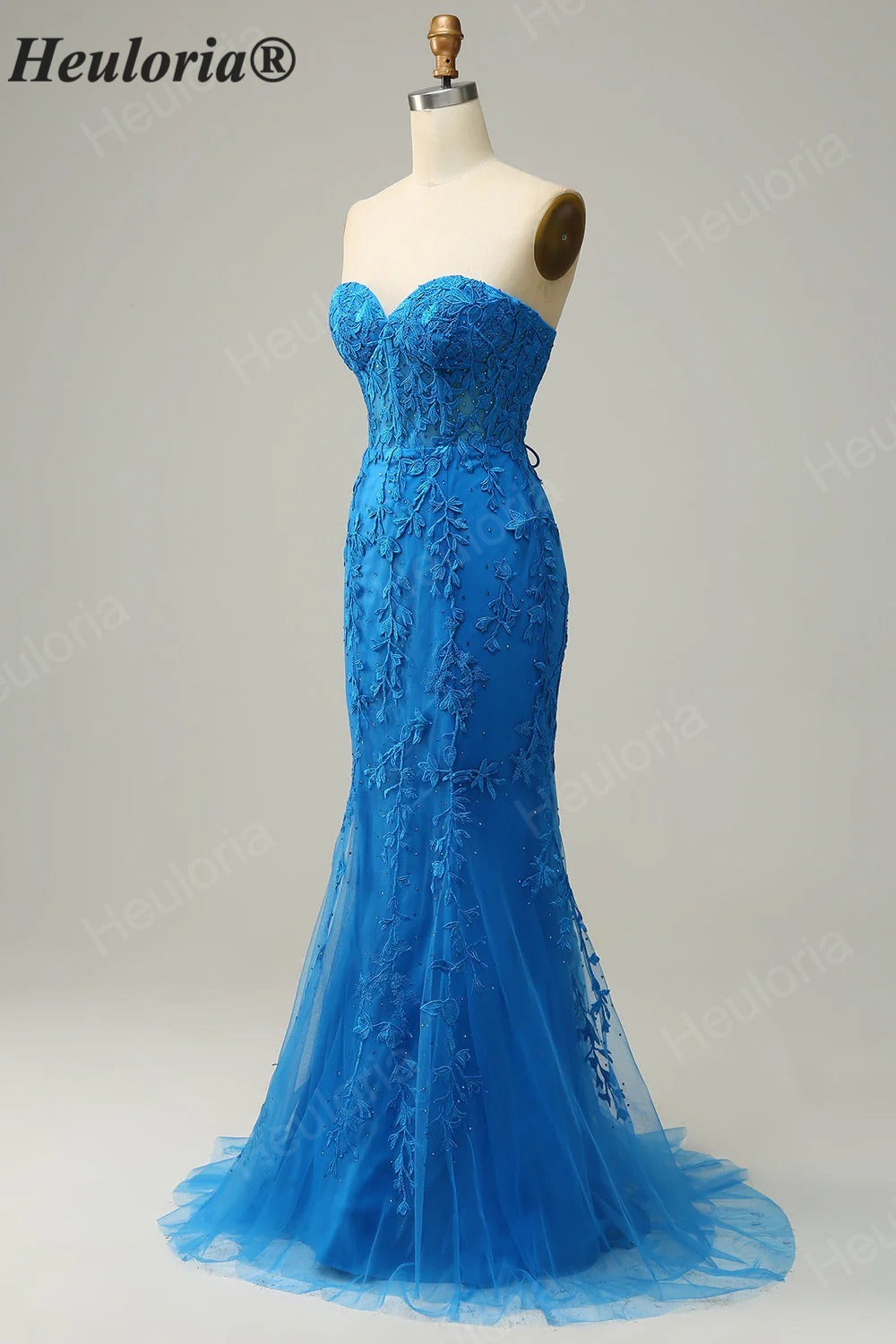 HEULORIA Elegant Strapless Sweetheart Floral Lace Mermaid Evening Gown with Corset Back ED-367