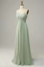 HEULORIA Dusty Sage V-Neck Criss-Cross Pleated Chiffon Maxi Dress - Adjustable Spaghetti Straps Bridesmaid Dress ED-254