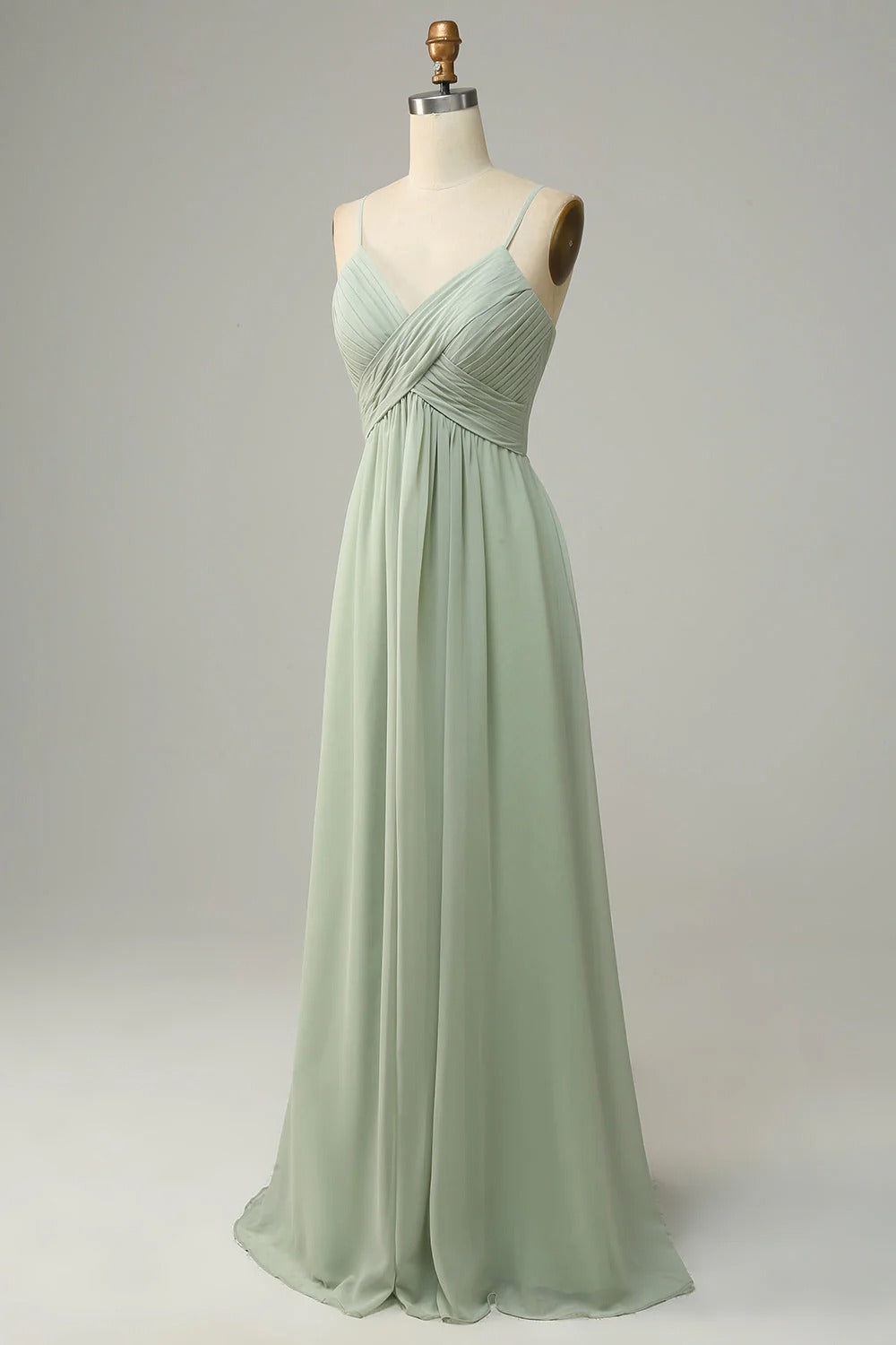 HEULORIA Dusty Sage V-Neck Criss-Cross Pleated Chiffon Maxi Dress - Adjustable Spaghetti Straps Bridesmaid Dress ED-254