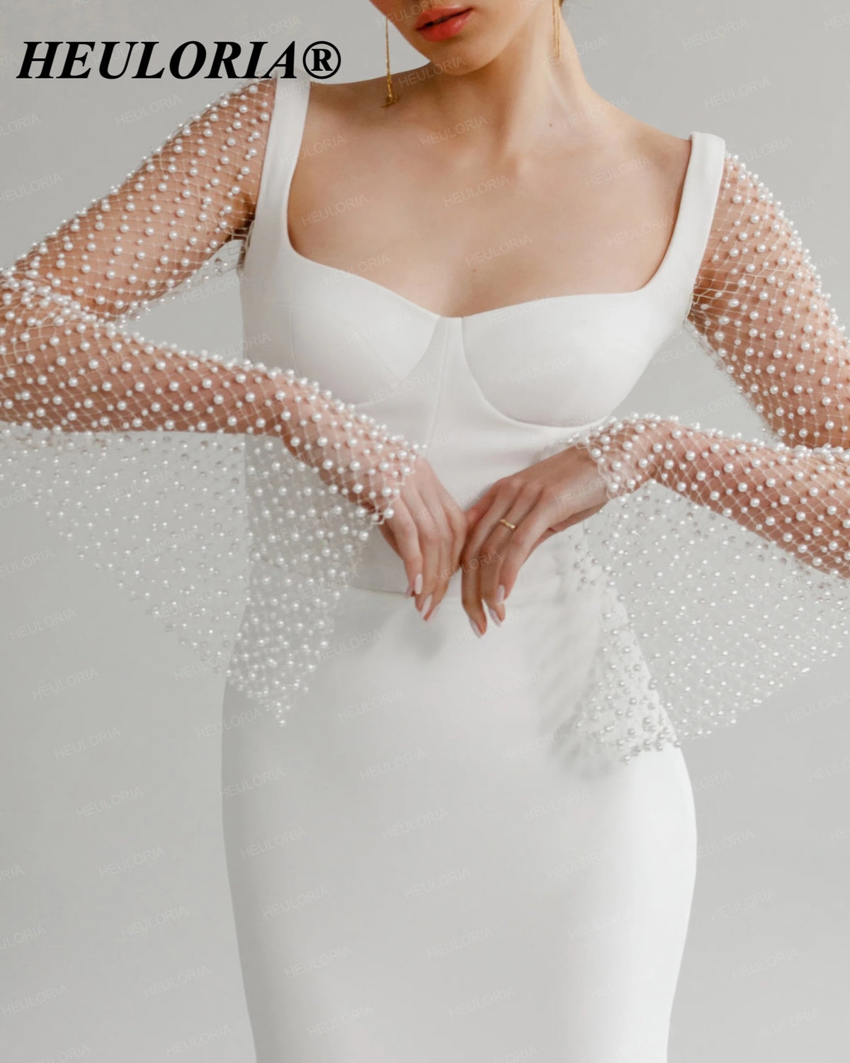 HEULORIA Pearl Beaded Long Sleeve Mermaid Wedding Dress ME-155