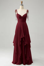 HEULORIA Elegant Cascading Ruffle Chiffon Bridesmaid Dress - Tie-Shoulder V-Neck Maxi Gown ED-252