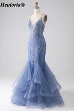 HEULORIA Dusty Blue Lace Mermaid Prom Dress with Tiered Tulle Skirt ED-346
