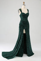 HEULORIA Glamorous Emerald Green Sequin High Slit Evening Gown with Ruched Bodice ED-373