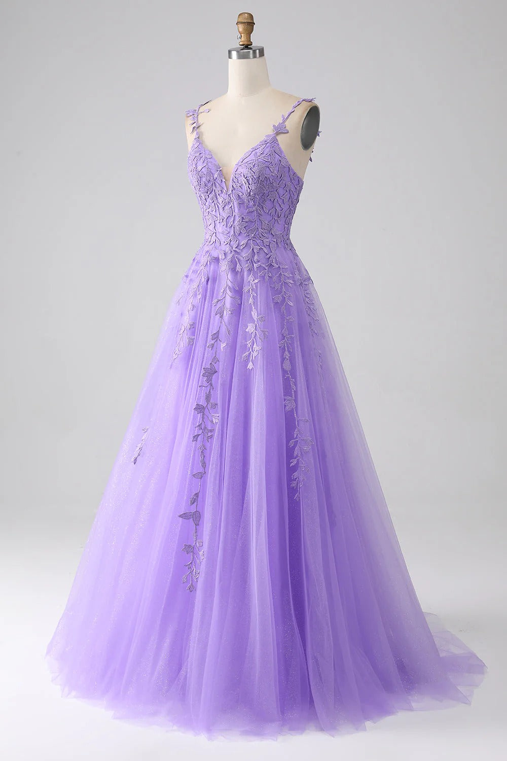 HEULORIA Sparkly Lilac V-Neck Lace Prom Dress - Leafy Embroidery Straps & Corset Back ED-372