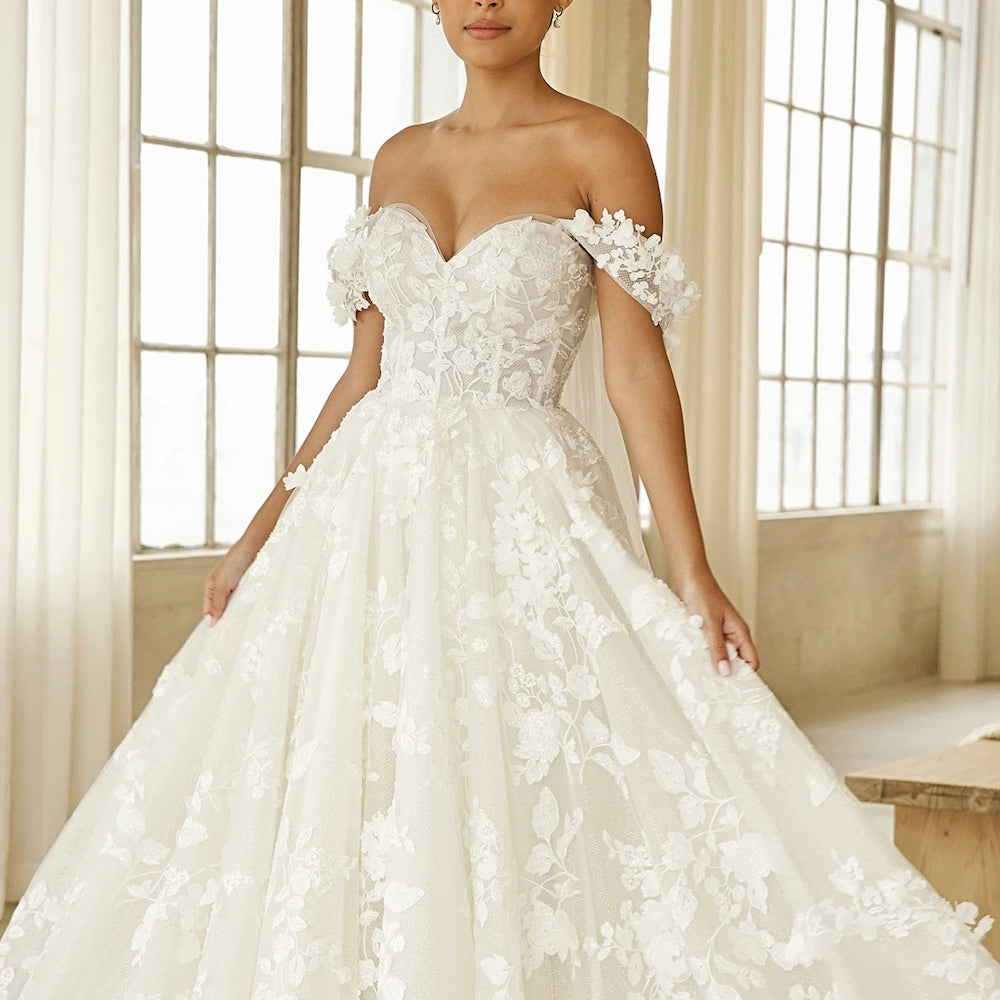 HEULORIA Romantic 3D Floral Off-The-Shoulder Wedding Dress with Ethereal Tulle Streamers BA-864