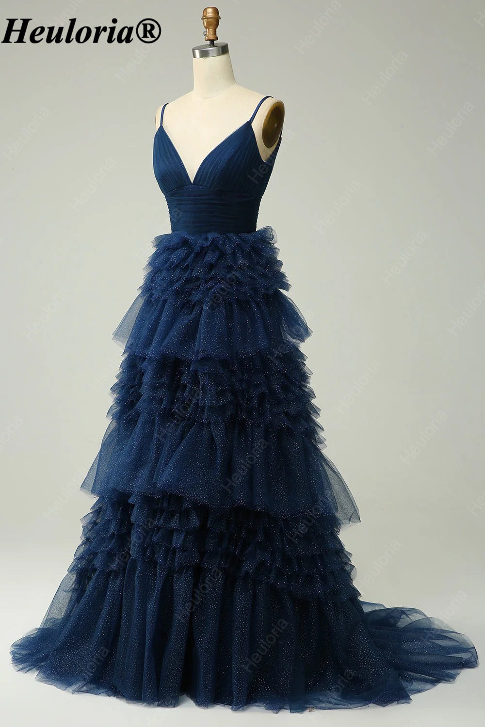 HEULORIA V-Neck Tiered Glitter Tulle Prom Dress with Spaghetti Straps ED-364