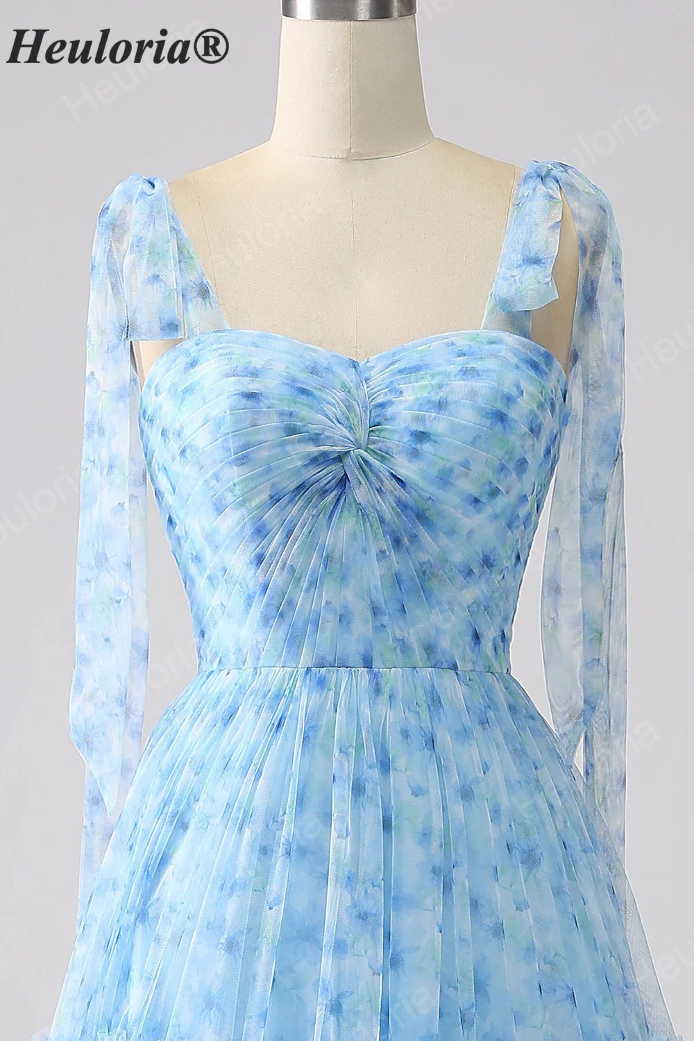 HEULORIA Ethereal Light Blue Floral Print Tiered Tulle Gown with Tie-Up Straps and Corset Back ED-659