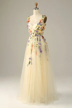 Heuloria Enchanted Garden 3D Floral Appliqué Tulle Prom Dress - Whimsical A-Line Formal Gown ED-585