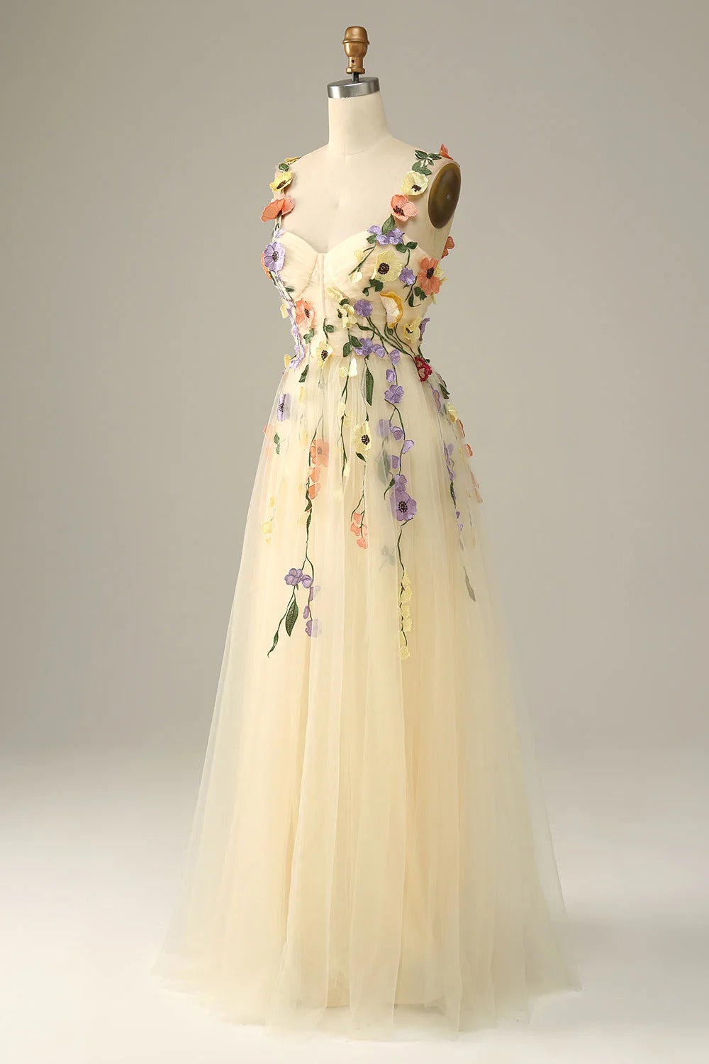 Heuloria Enchanted Garden 3D Floral Appliqué Tulle Prom Dress - Whimsical A-Line Formal Gown ED-585