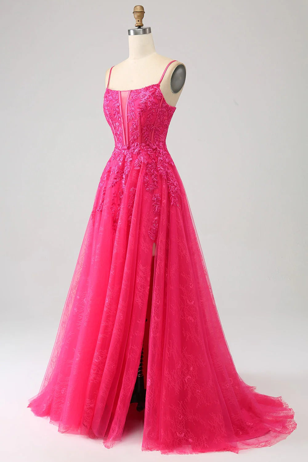 HEULORIA Vibrant Fuchsia Lace Prom Dress - Spaghetti Strap Bodice with High Slit & Corset Back ED-374