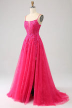 HEULORIA Vibrant Fuchsia Lace Prom Dress - Spaghetti Strap Bodice with High Slit & Corset Back ED-374